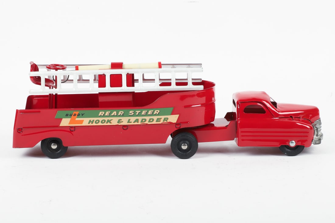 Pair of Buddy L Trucks (Rear Steer Hook & Ladder Truck and Emergency Wrecker Truck) - 3