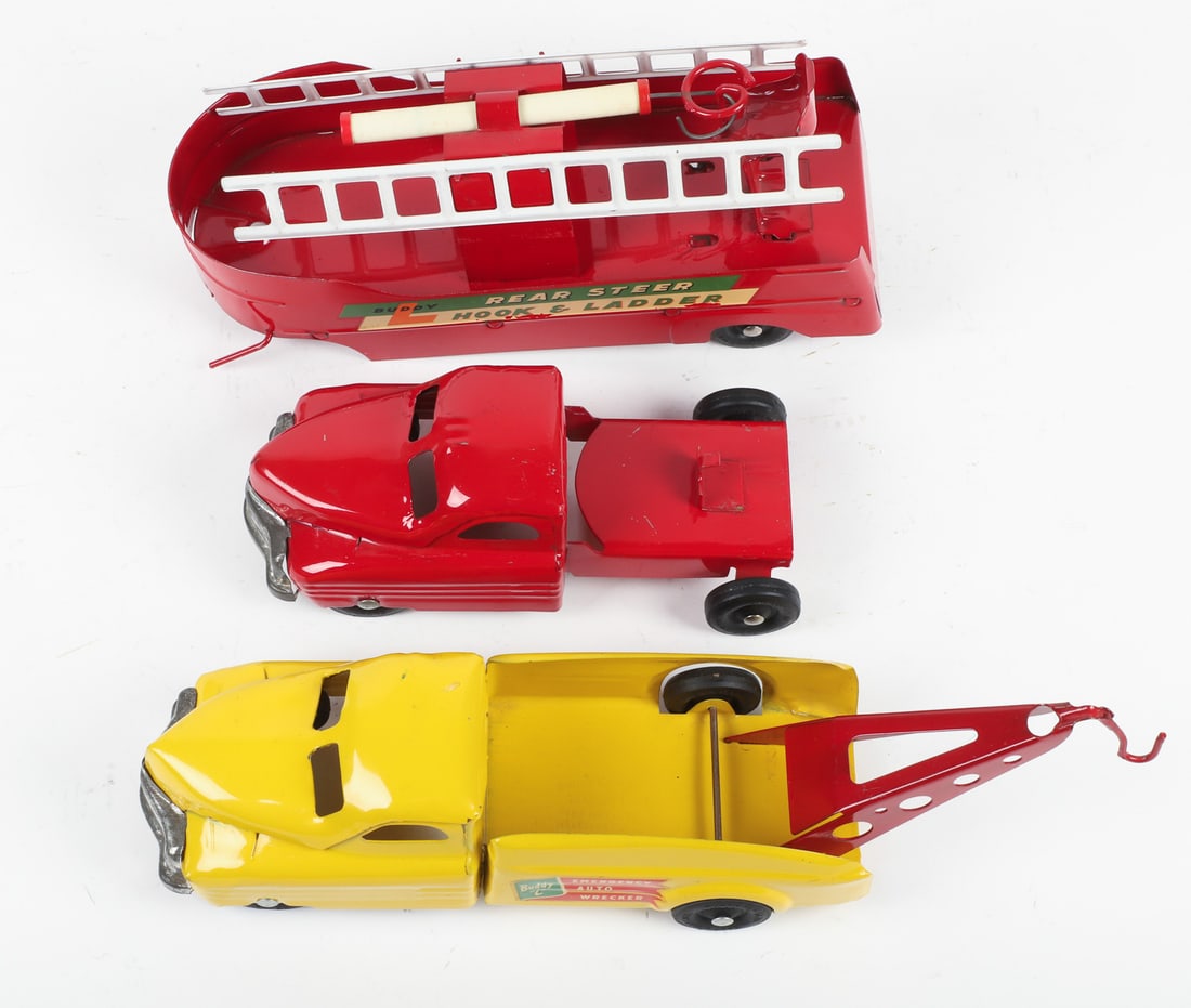Pair of Buddy L Trucks (Rear Steer Hook & Ladder Truck and Emergency Wrecker Truck) - 8