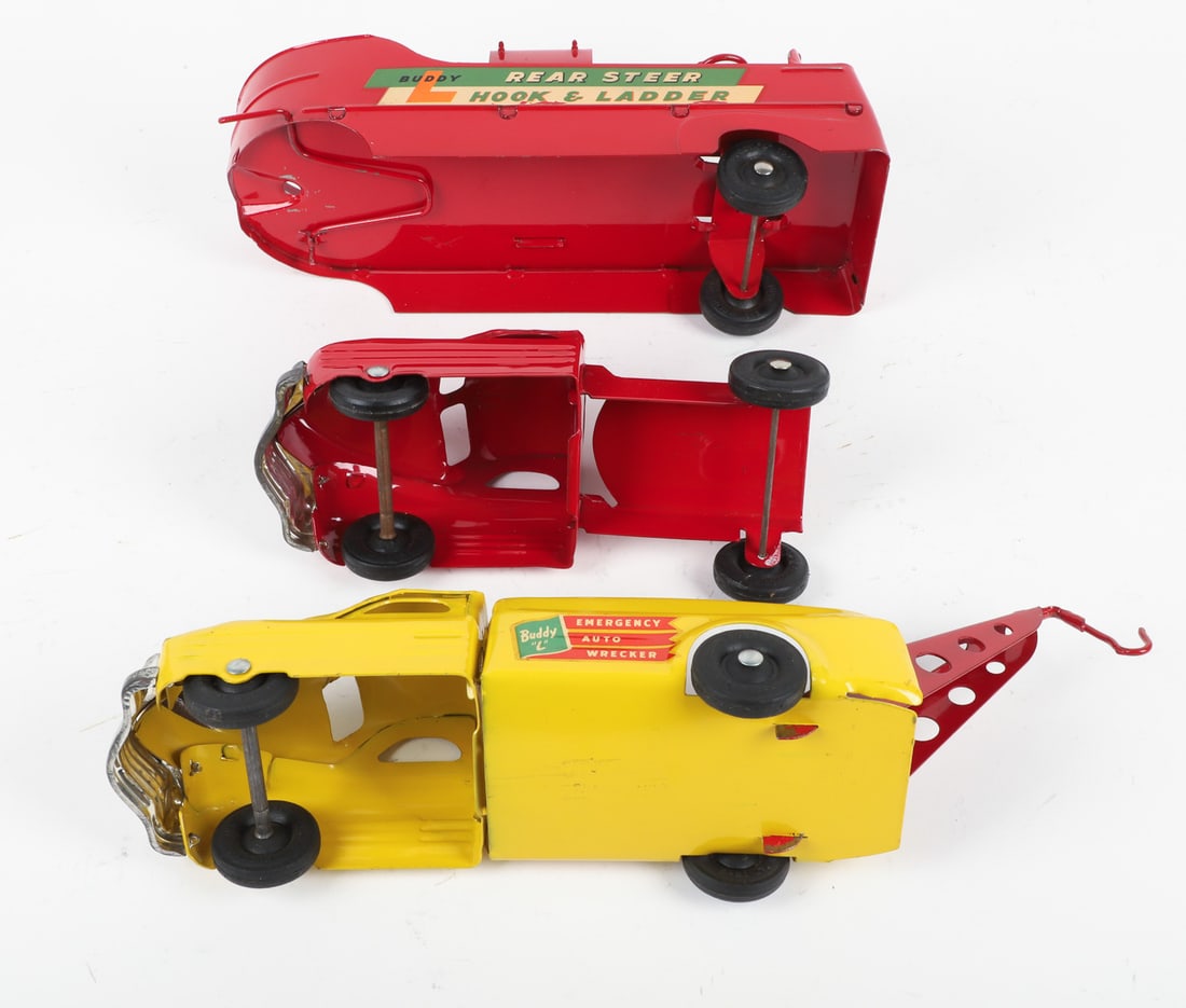 Pair of Buddy L Trucks (Rear Steer Hook & Ladder Truck and Emergency Wrecker Truck) - 9