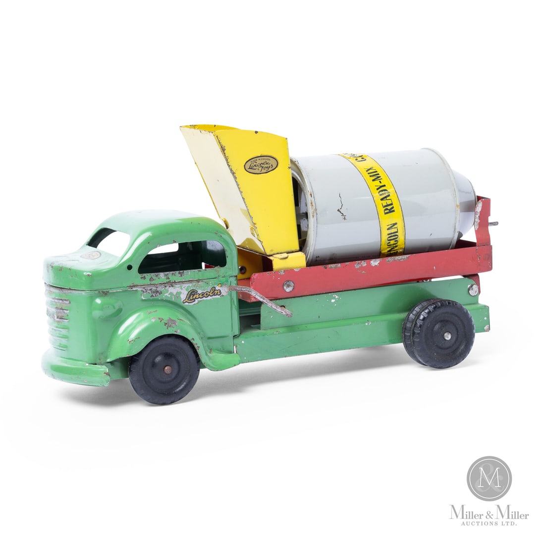 Lincoln Toys Ready-Mix Cement Truck: Canadian. 1946-1948. Pressed steel. This toy has a label that says only "Made in Canada," which identifies Lincoln toys that were made during the brand's earliest production years (1946-1948). This