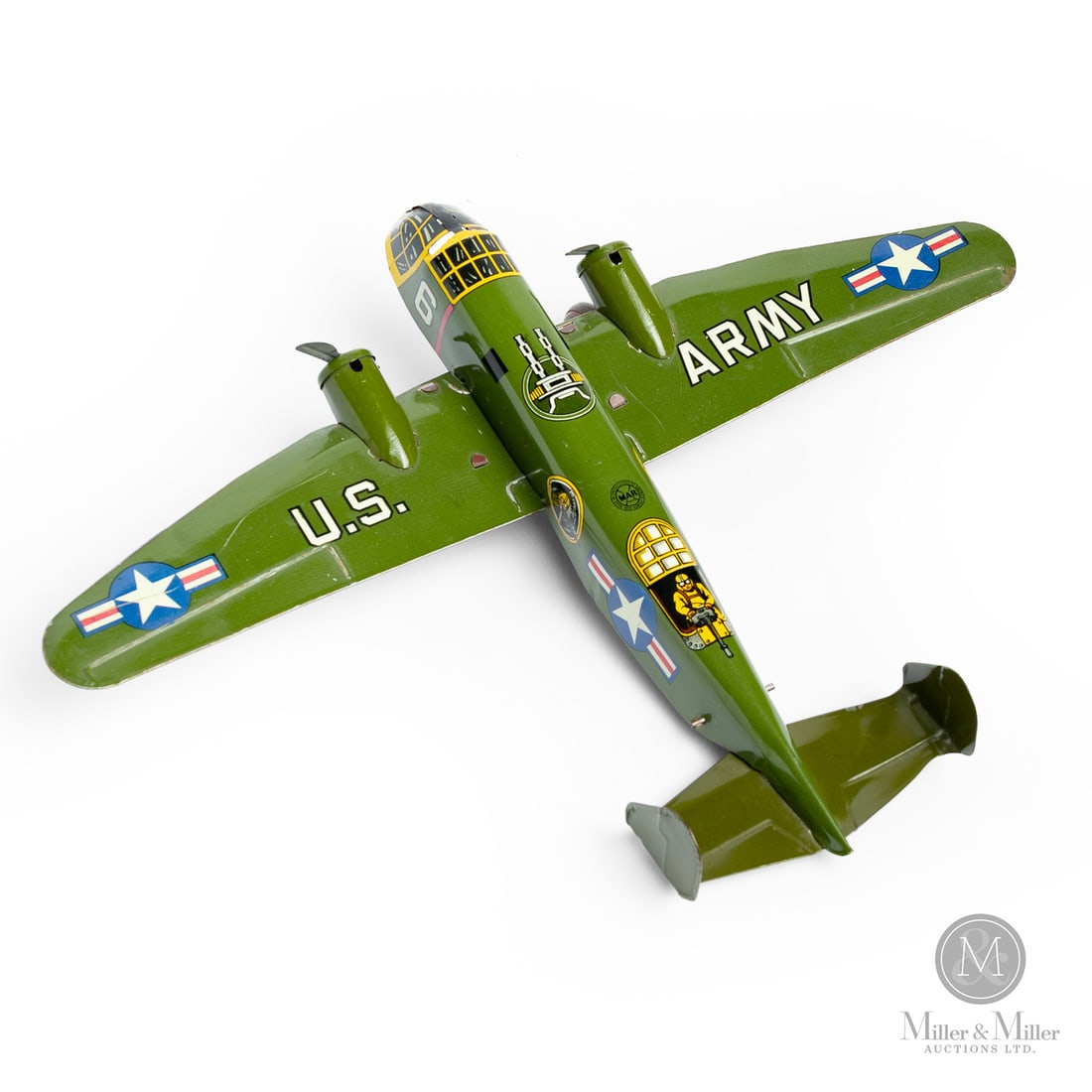 Marx U.S. Army Windup Bomber Airplane: American. 1950s. Lithographed tin. When wound, the mechanism controls the wheels, allowing the plane to move forward, preparing for takeoff. Following WWII, toys with military themes, including planes