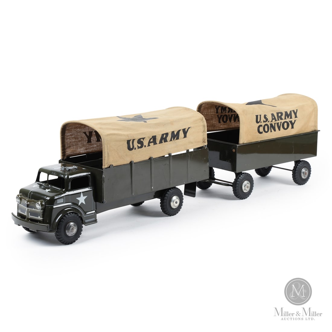 Lumar U.S. Army Convoy: American. 1950s. Pressed steel. Embossed, "LUMAR", on tires. From the Yvan Lalonde Collection.Size9" x 6" x 19" and 9" x 6" x 13".ConditionExcellent condition. Surface retains excellent colour and