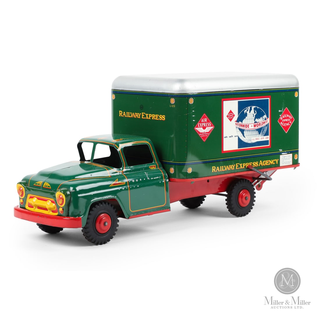Marx "Railway Express Agency"Truck: American. Post 1957. Pressed steel. The "Railway Express Agency" truck was a railway express theme that was manufactured over a period of several years in the Marx vehicle line. This version has "Wyan