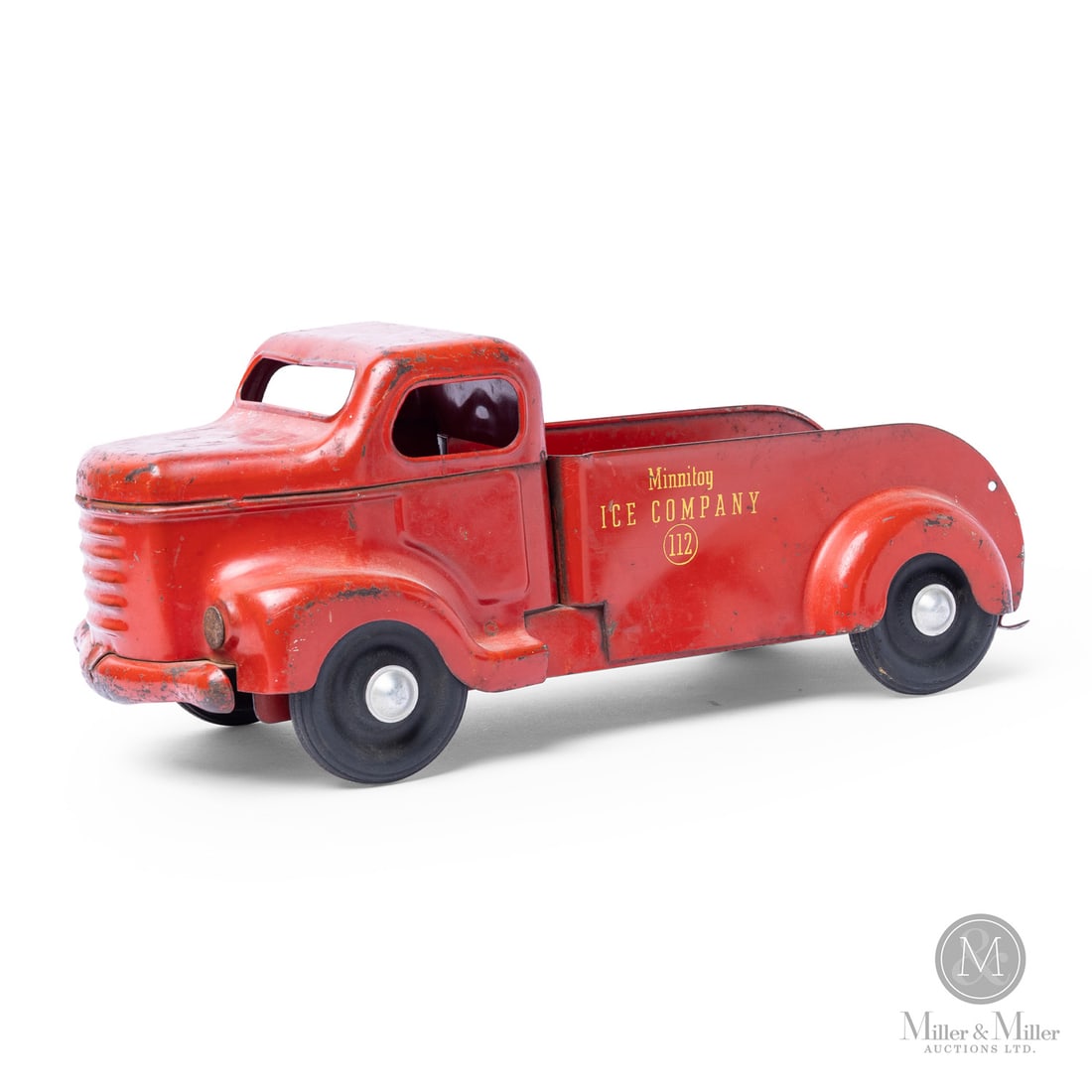 Otaco "Minnitoy Ice Company 112" Delivery Truck: Canadian. 1949-Early 1950s. Pressed steel. The "Minnitoy Ice Company 112" toy was part of Otaco's early "phantom company" series of toys. Toys like this one, used a phantom company ("Minnitoy Ice