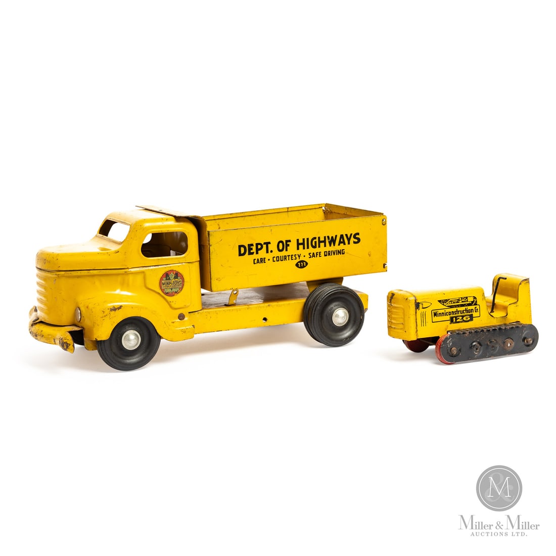 Pair of Otaco Minnitoys (Dump Truck and Bulldozer): Canadian. Dump truck: 1950s. Bulldozer: 1949-Early 1950s. Pressed steel. The "Minniconstruction 126" bulldozer is part of a three-piece set that includes a bulldozer, wagon, and grader. This