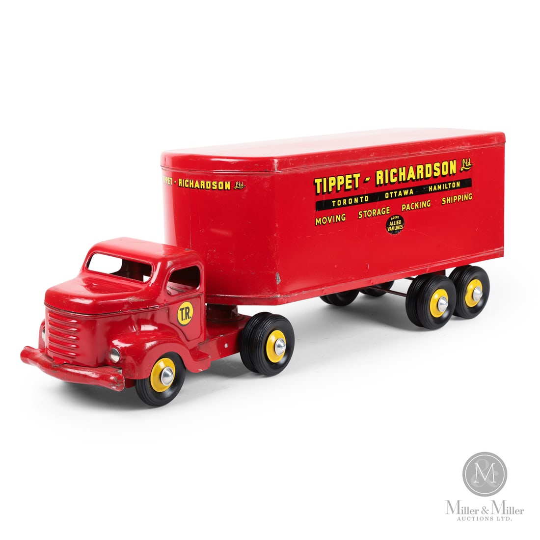 Otaco Minnitoys "Tippet-Richardson Ltd." Tractor Trailer: Canadian. 1950s. Pressed steel. This tractor-trailer was part of Otaco's "private-label" series of toys. These were promotional or display models made for specific companies and not intended for
