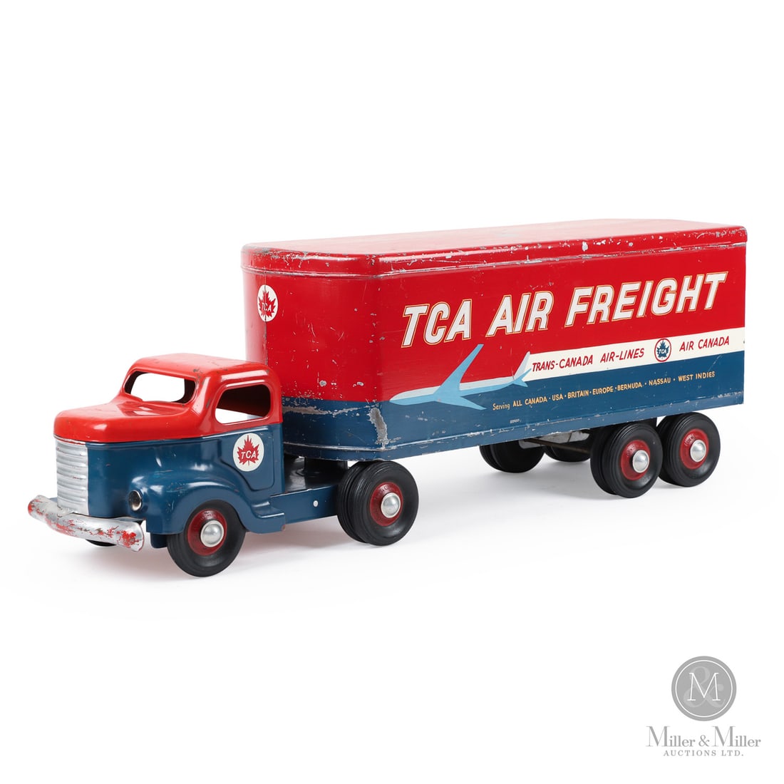 Otaco Minnitoys "TCA Air Freight" Tractor Trailer: Canadian. 1950s. Pressed steel. This truck was part of Otaco's "private-label" series of toys. These were promotional or display models made for specific companies and not intended for retail sale.