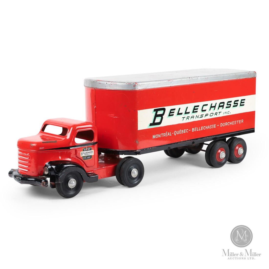Otaco Minnitoys "Bellechasse Transport Inc." Tractor Trailer: Canadian. 1950s. Pressed steel. This tractor-trailer was part of Otaco's "private-label" series of toys. These were promotional or display models made for specific companies and not intended for retai