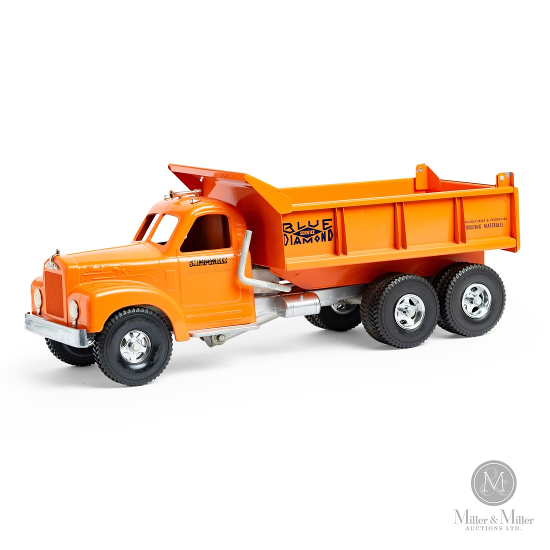 Smith-Miller Blue Diamond MACK Dump Truck: AMerican. 1950-1955. Pressed steel. The "Blue Diamond" dump truck was part of Smith-Miller's "private-label" series of toys. These were promotional or display models made for real companies and not