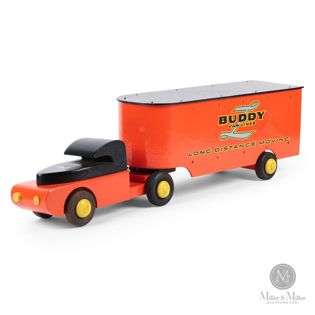 Wooden "Buddy L Van Lines" Tractor Trailer: American. 1941-1948. Wood. Decalled, "Buddy "L" Wood Toys", on hood. From the Yvan Lalonde Collection.Size8" x 6" x 27".ConditionVery good condition. Original paint and