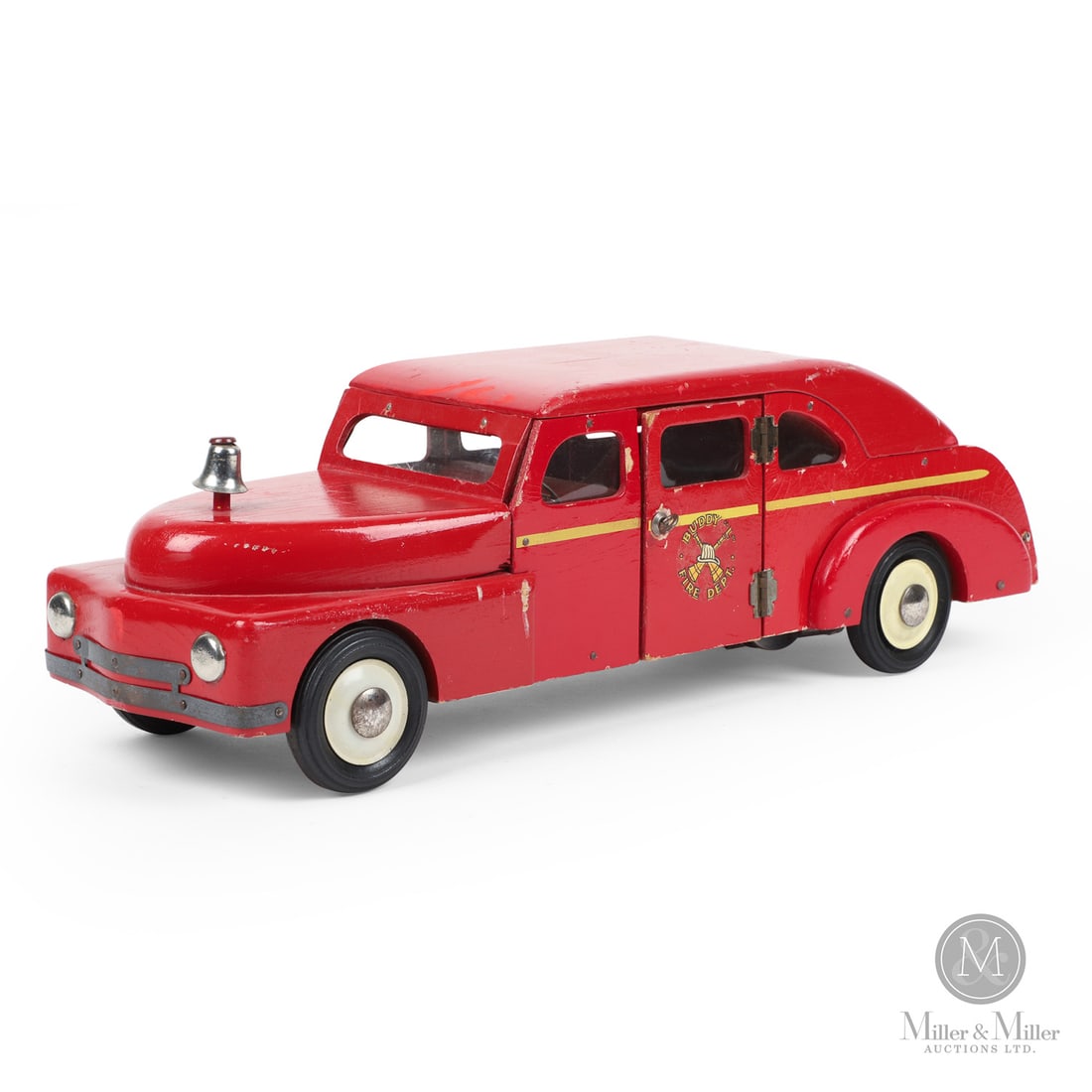 Buddy "L" Friction Wooden "Fire Dept." Truck: American. 1942-1945. Wood with metal accessories. Wooden toys, such as this Buddy "L" Fire Dept. truck, were sometimes referred to as "Buddy "L" Victory" toys, created during WWII when steel was