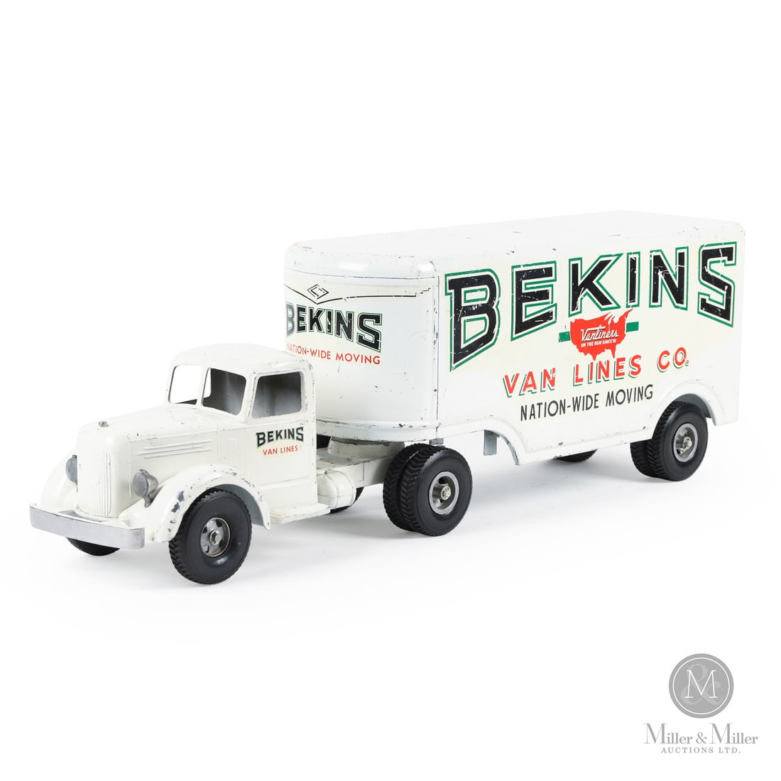 Bekins Van Lines Semi-Truck and Trailer: American. 1940s. Pressed steel. Several toy manufacturers were known to have made trucks for Bekins. This toy is unmarked, but has significant signs of being attributed to Smith-Miller. Smith-Miller