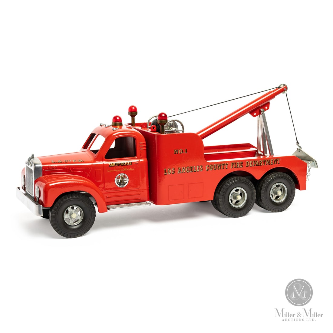 Fred Thompson Smith-Miller Limited Edition Mack B-Series L.A. County No. 1 Fire Truck (65/125): American. 1980s. Pressed steel, aluminum, brass. Fred Thompson was a long-time collector of Smith-Miller toys. In 1979, over 20 years after Smith-Miller ceased toy production, Thompson purchased the