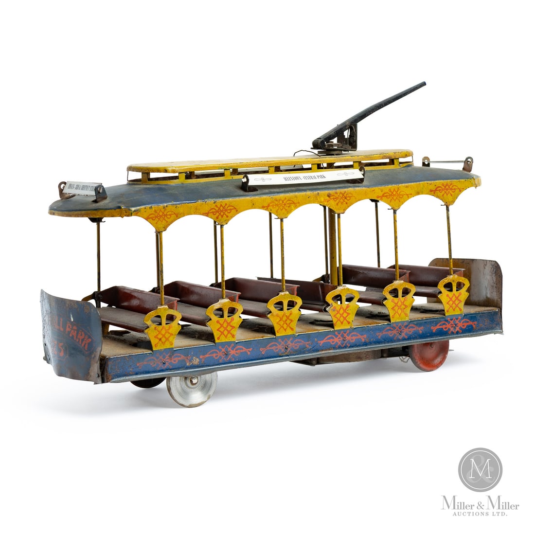 Converse "City Hall Park 175" Trolley Car: American. 1901-1912. Pressed steel. The "City Hall Park" was a major transit hub in New York City. The toy was designed as a "summer trolley", mimicking the open-air streetcars that historically