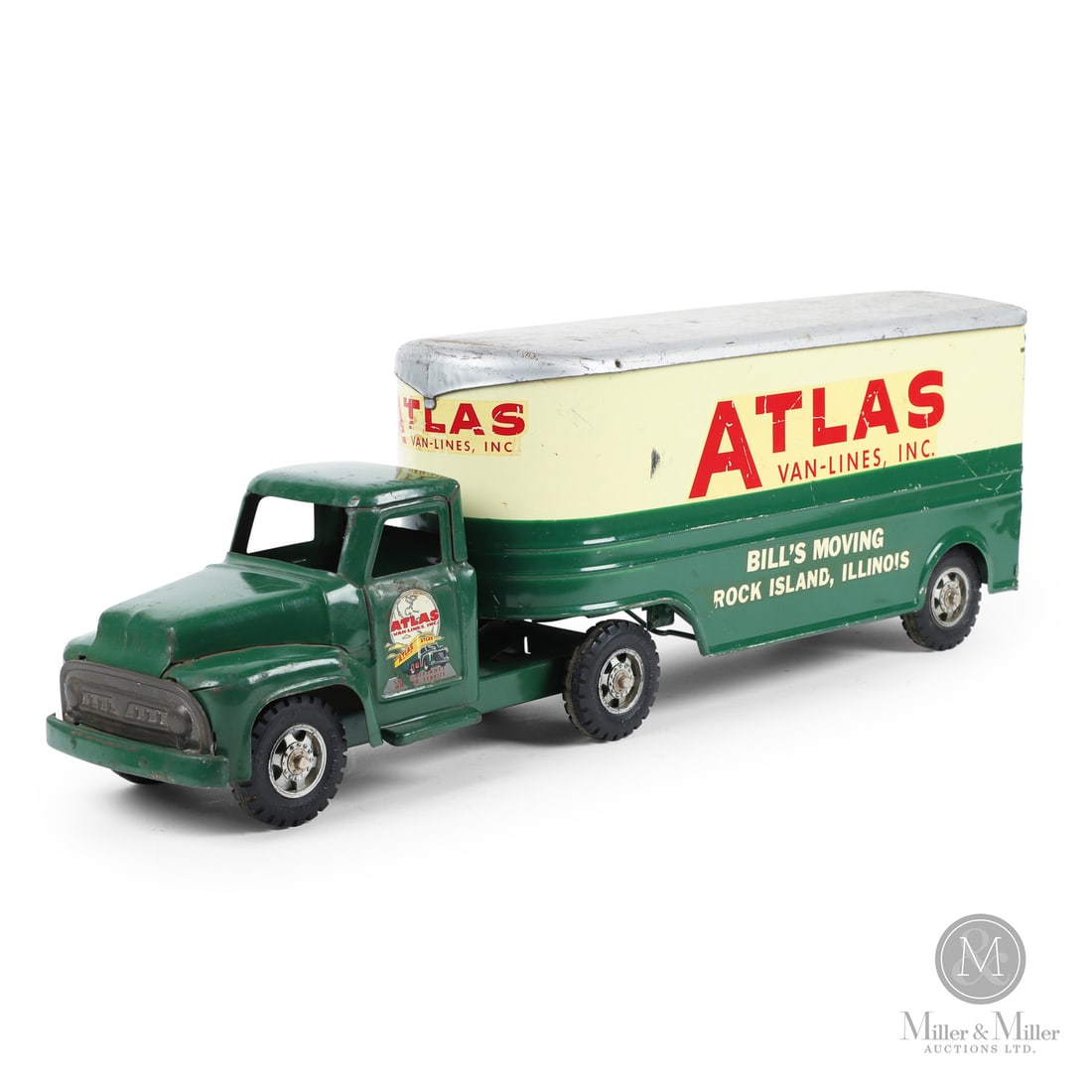 Buddy "L" Atlas Van-Lines Bill's Moving Tractor Trailer: American. 1950s-1960s. Pressed steel. This oil tanker was part of Moline's "private-label" series of toys. Private-label toys were promotional or display models made for specific companies and not