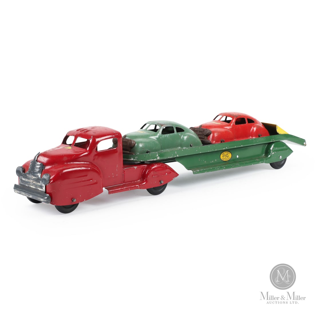 Lincoln Toys Auto Transporter: Canadian. 1948-Early 1950s. Pressed steel. This toy has a decal that says "Made in Canada Lincoln Toys Reg'd" which identifies Lincoln toys made from 1946 into the early 1950s, representing the formal