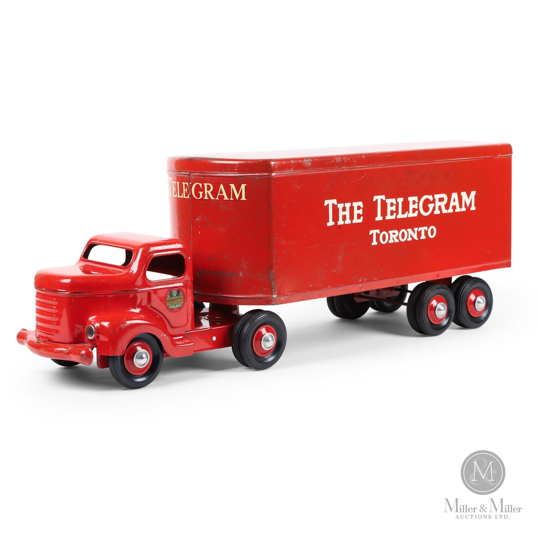Otaco Minnitoys "The Telegram Toronto" Tractor Trailer: Canadian. 1950s. Pressed steel. This tractor-trailer was part of Otaco's "private-label" series of toys. These were promotional or display models made for specific companies and not intended for retai