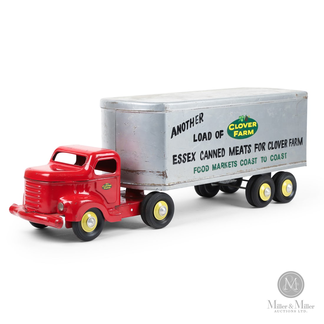 Otaco Minnitoys "Clover Farm" Tractor Trailer: Canadian. 1950s. Pressed steel. This tractor-trailer was part of Otaco's "private-label" series of toys. These were promotional or display models made for specific companies and not intended for retai