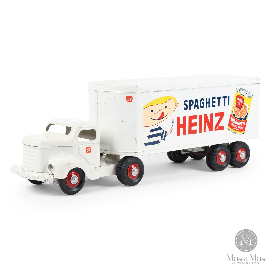Otaco Minnitoys "Heinz Spaghetti" Tractor Trailer: 1950s. Pressed steel. This tractor-trailer was part of Otaco's "private-label" series of toys. These were promotional or display models made for specific companies and not intended for retail sale.