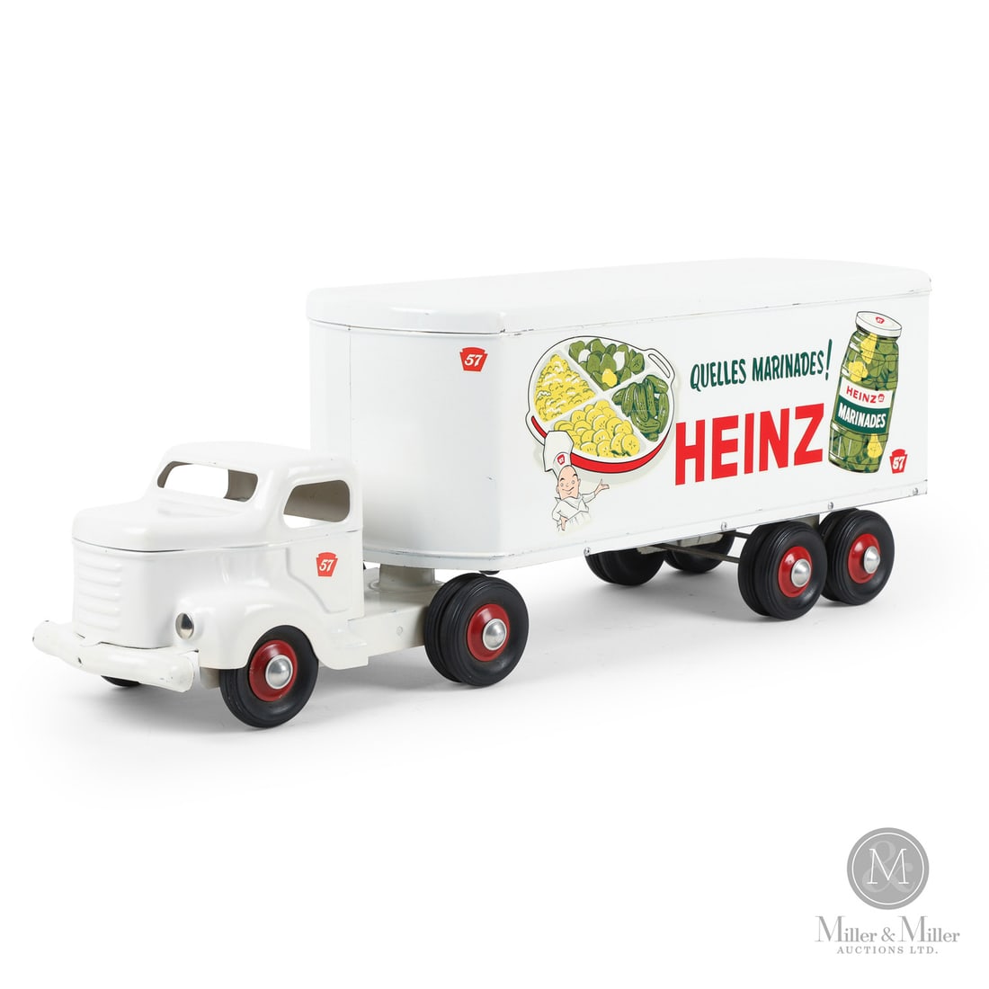 Otaco Minnitoys Bilingual "Heinz Pickles" Tractor Trailer: Canadian. 1950s. Pressed steel. This tractor-trailer was part of Otaco's "private-label" series of toys. These were promotional or display models made for specific companies and not intended for