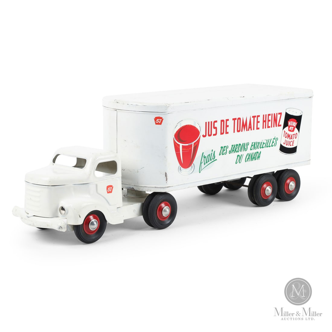Otaco Minnitoys Bilingual "Heinz Tomato Juice" Tractor Trailer: Canadian. 1950s. Pressed steel. This tractor-trailer was part of Otaco's "private-label" series of toys. These were promotional or display models made for specific companies and not intended for retai