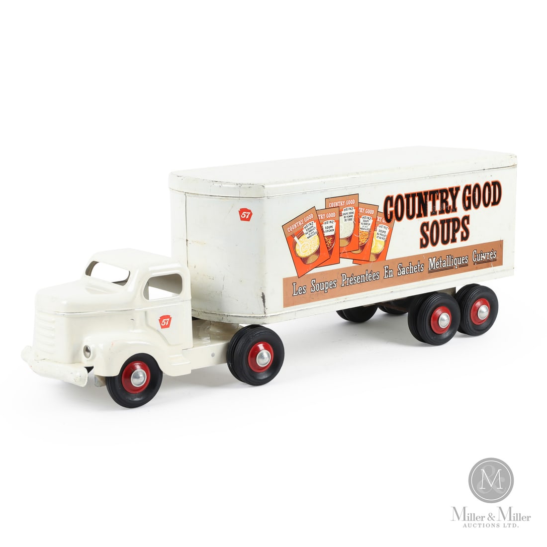 Otaco Minnitoys "Heinz Country Good Soups" Tractor Trailer: Canadian. 1950s. Pressed steel. This truck was part of Otaco's "private-label" series of toys. These were promotional or display models made for specific companies and not intended for retail sale.