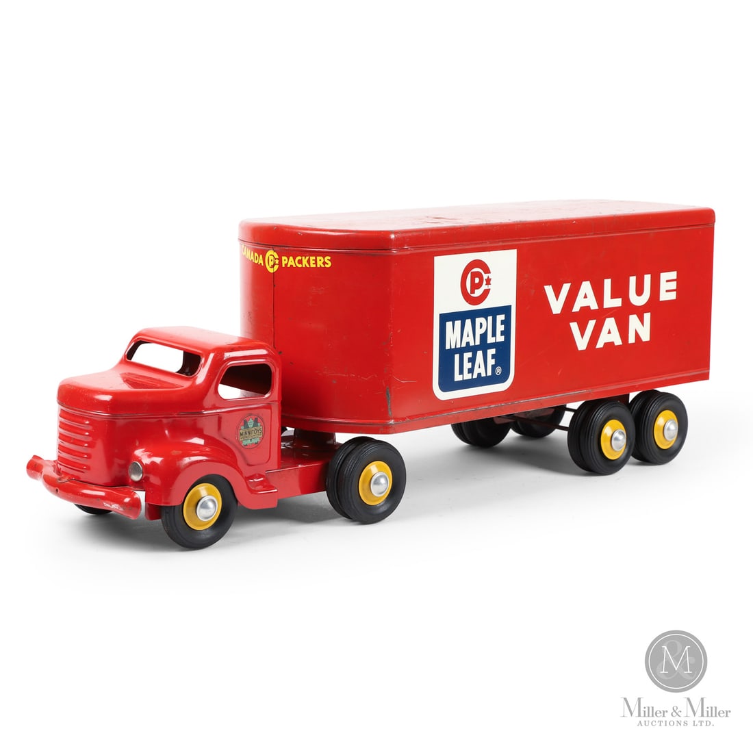 Otaco Minnitoys "Canada Packers Maple Leaf Value Van" Tractor Trailer: Canadian. 1950s. Pressed steel. This tractor-trailer was part of Otaco's "private-label" series of toys. These were promotional or display models made for specific companies and not intended for retai