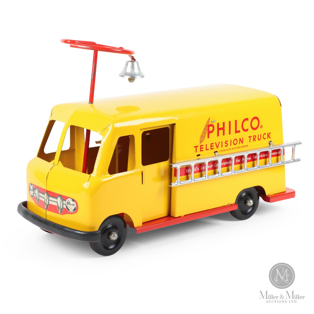 Roberts "Philco Ride-on" Television Truck: American. 1948-1955. Pressed steel. This toy was made by the Roberts Manufacturing Company of New Castle, Pennsylvania. There is little known about the company other than it was active in the