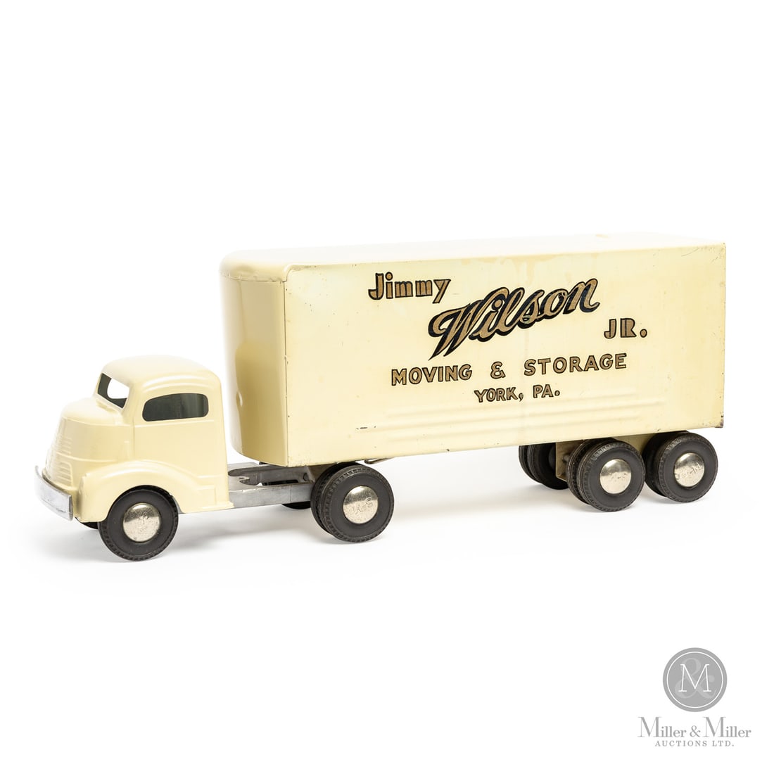 Smith-Miller "Jimmy Wilson Jr. Moving & Storage" Tractor Trailer: American. 1950. Pressed steel, die-cast aluminum. This truck was part of Smith-Miller's "private-label" series of toys. These were promotional or display models made for real companies and not intende