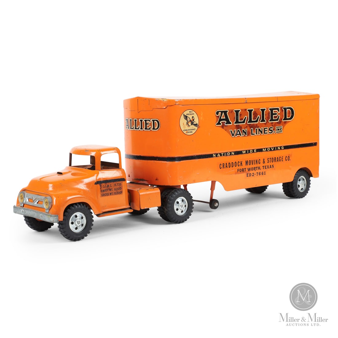 Tonka Allied Van Lines Semi-Truck and Trailer: American. 1957. Pressed steel. This truck was part of Tonka's "private-label" series of toys. Unlike Tonka's general retail line, this truck was commissioned by Allied Van Lines to use as executive gi