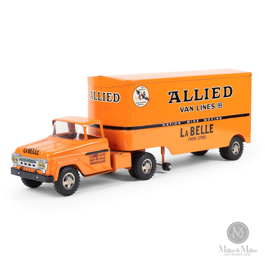 Tonka Allied Van Lines Semi-Truck and Trailer: American. 1958-1961. Pressed steel. This truck was part of Tonka's "private-label" series of toys. Unlike Tonka's general retail line, this truck was commissioned by Allied Van Lines for promotional o