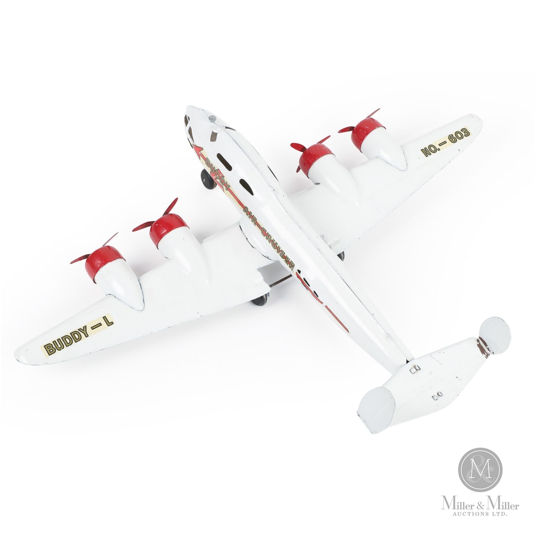 Buddy L Transport Plane No. 603: American. Early 1950s. Pressed steel. This four-engine plane was introduced as part of Buddy L's postwar line. Decalled, "Buddy-L No.-603", on top of wings. Embossed, "Buddy "L" Company Quality Toys