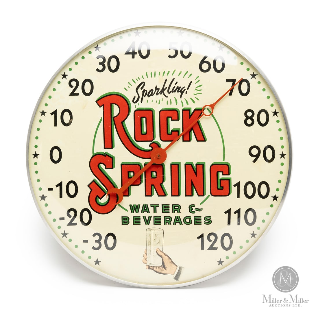 Rock Spring Water and Beverages Thermometer: American. 1960s. Lithographed tin dial thermometer. Original glass crystal. Aluminum frame. All items are guaranteed authentic by Miller & Miller Auctions. Size 12" Dia. x 1.25". Condition Excellent c