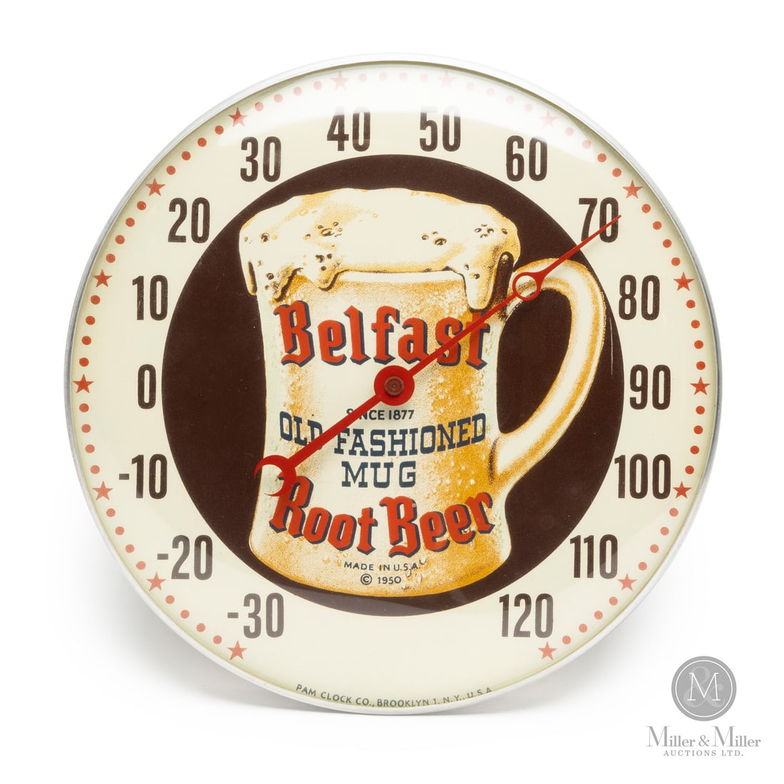 Belfast Root Beer Thermometer: American. 1950. Lithographed tin dial thermometer. Original glass crystal. Aluminum frame. Since 1877. Dial marked, "Pam clock co inc. Brooklyn 1 NY, USA", lower edge. All items are guaranteed