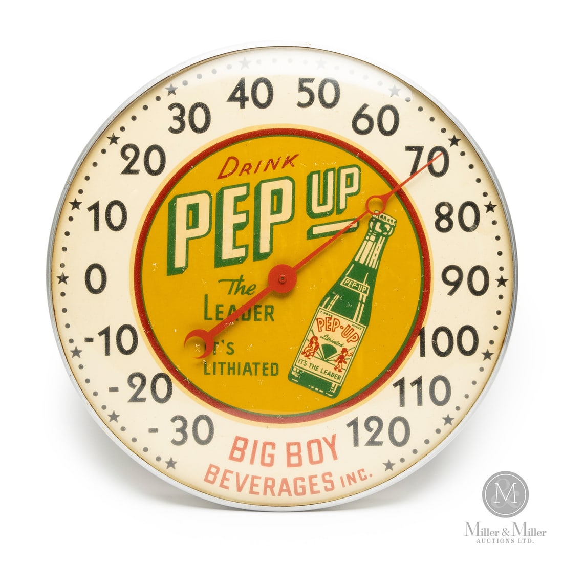 Big Boy Beverages Pep Up Soda Thermometer: American. 1960s. Lithographed tin dial thermometer. Original glass crystal. Aluminum frame. Big Boy Beverages. All items are guaranteed authentic by Miller & Miller Auctions.Size12" Dia. x