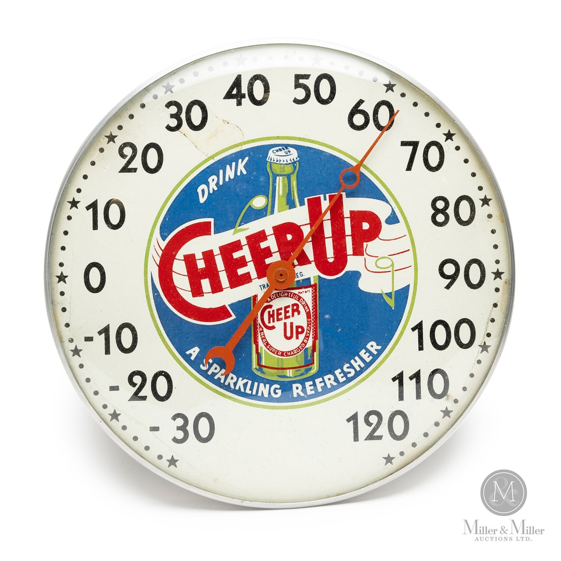 Cheer Up Soda "A Sparkling Refresher" Thermometer: American. 1960s. Lithographed tin dial thermometer. Original glass crystal. Aluminum frame. Dial marked, lower edge. All items are guaranteed authentic by Miller & Miller Auctions.Size12" Dia. x