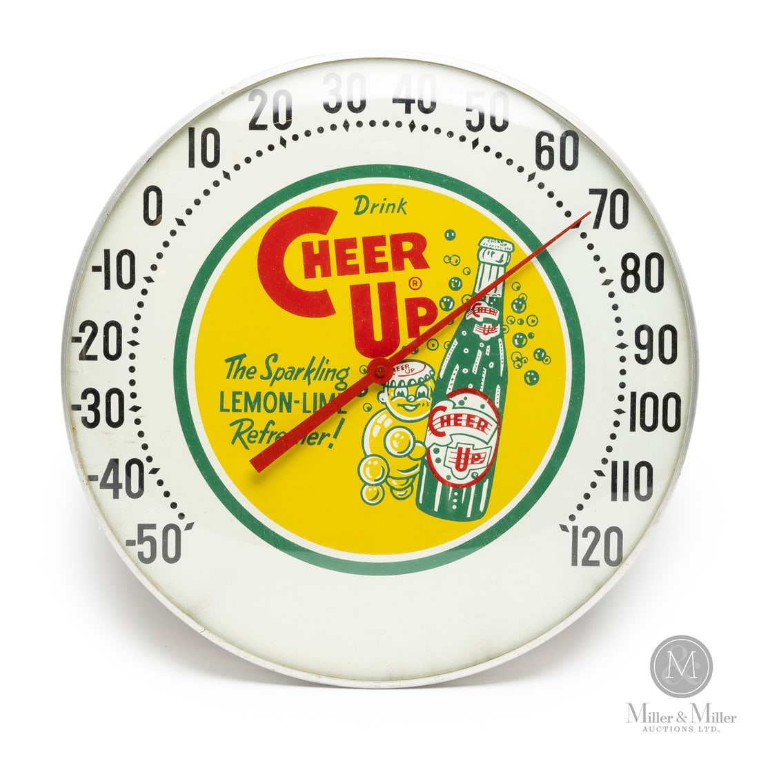 Cheer Up Soda "The Sparkling Lemon Lime Refresher" Thermometer: American. 1960s. Lithographed tin dial thermometer. Original glass crystal. Aluminum frame. All items are guaranteed authentic by Miller & Miller Auctions.Size12" Dia. x 1.25".ConditionExcellent