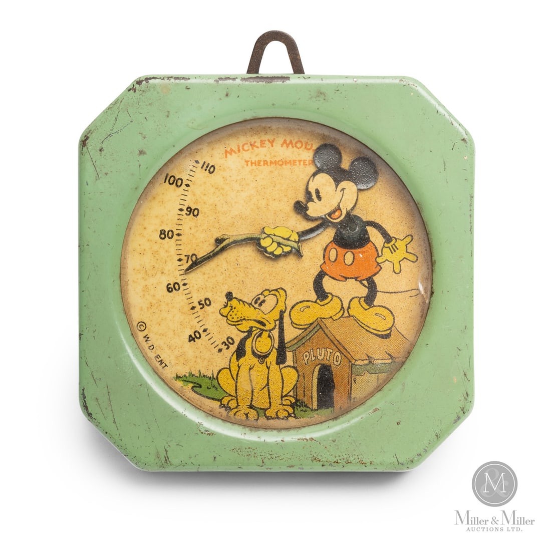 Walt Disney Enterprises Mickey Mouse and Pluto Thermometer: American. 1930s. Metal, glass. Marked, "© W.D. Ent", lower left of dial. All items are guaranteed authentic by Miller & Miller Auctions.Size4" x 3.25" x 0.75".ConditionVery good condition.