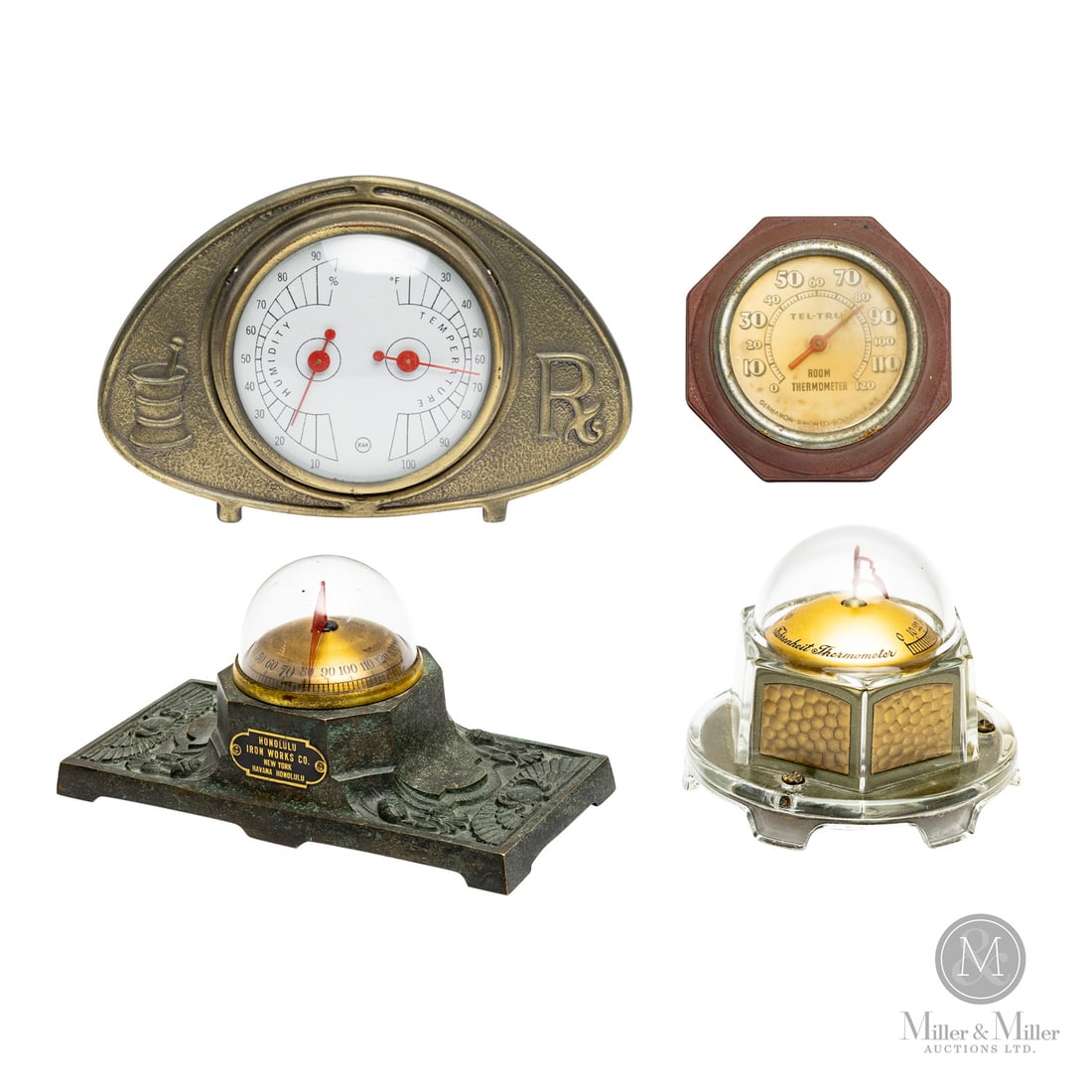 Occupational and Advertising Office Desk Thermometers: American. Various. Pressed glass, cast iron. Cast iron easel pharmacy marked, lower edge. Cast and glass thermometer tagged, on front. Marked, on dial. Stamped, underneath. Pressed glass thermometer