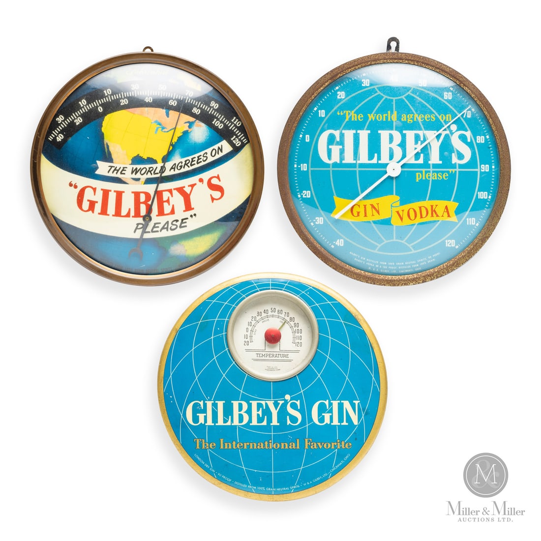 Gilbey's Gin and Vodka Thermometers: American. 1970s. Reverse painted glass. Metal body. Stamped, "NAPCO National Advertising Products - New York", reverse center. All items are guaranteed authentic by Miller & Miller Auctions.Size9.5"