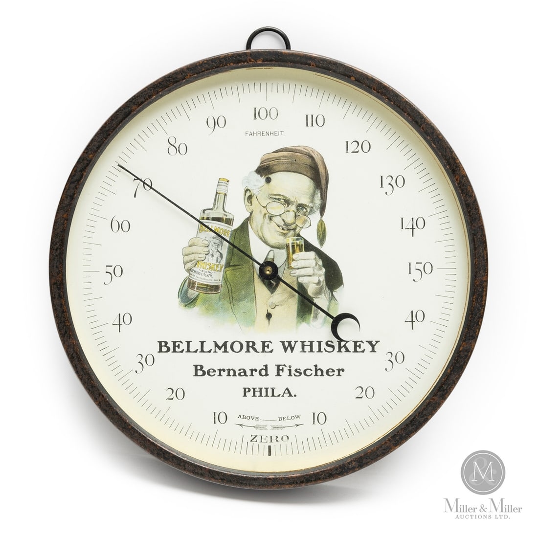 Bernard Fischer Bellmore Whiskey Thermometer: American. 1950s. Lithographed tin with glass. Metal body. All items are guaranteed authentic by Miller & Miller Auctions.Size9.25" Dia. x 2".ConditionVery good condition. Complete. Dial shows