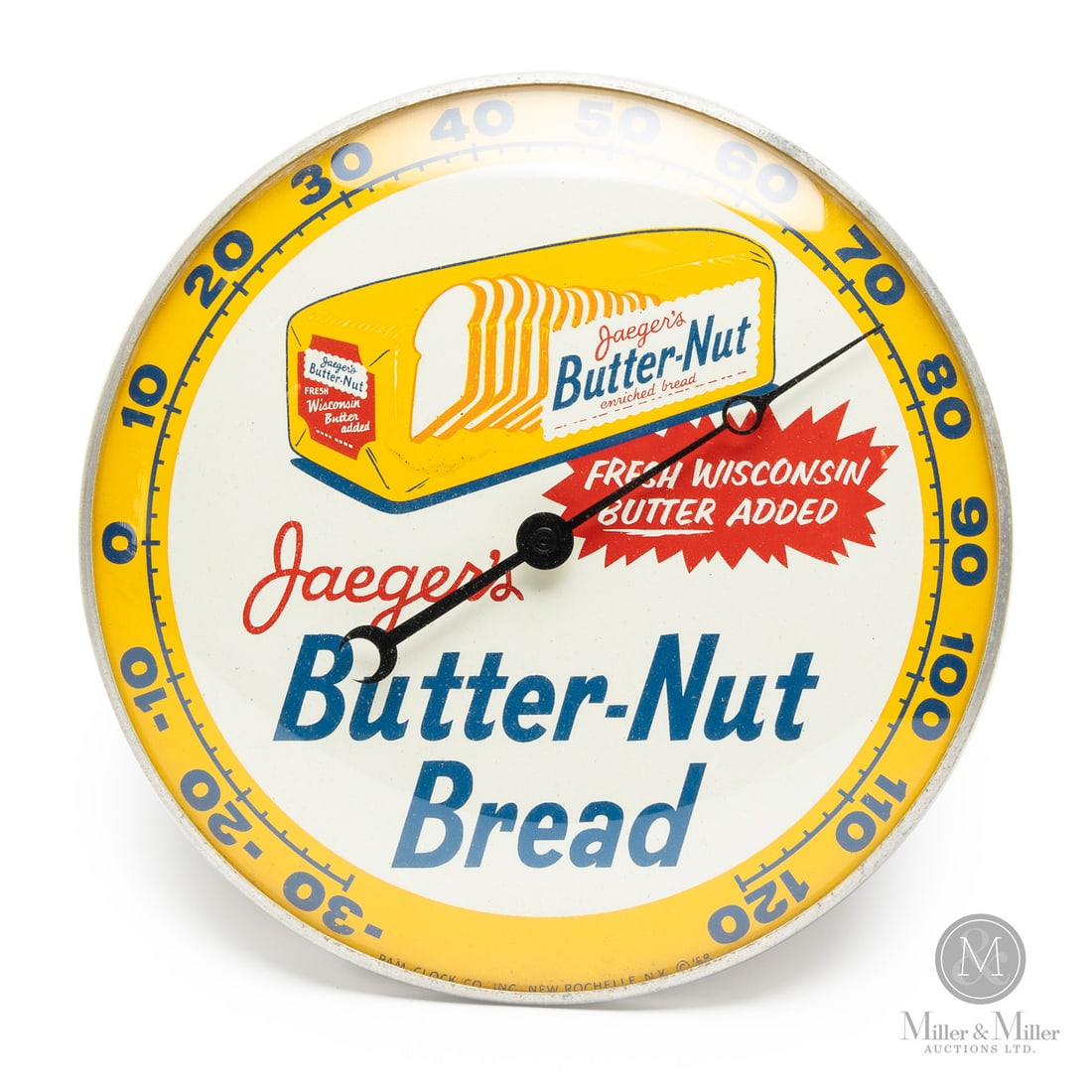 Jaeger's Butter-Nut Bread Thermometer: American. 1958. Lithographed tin dial thermometer. Original glass crystal. Aluminum frame. Dial marked, "Pam clock co inc. New Rochelle NY ©58", lower edge. All items are guaranteed authentic by