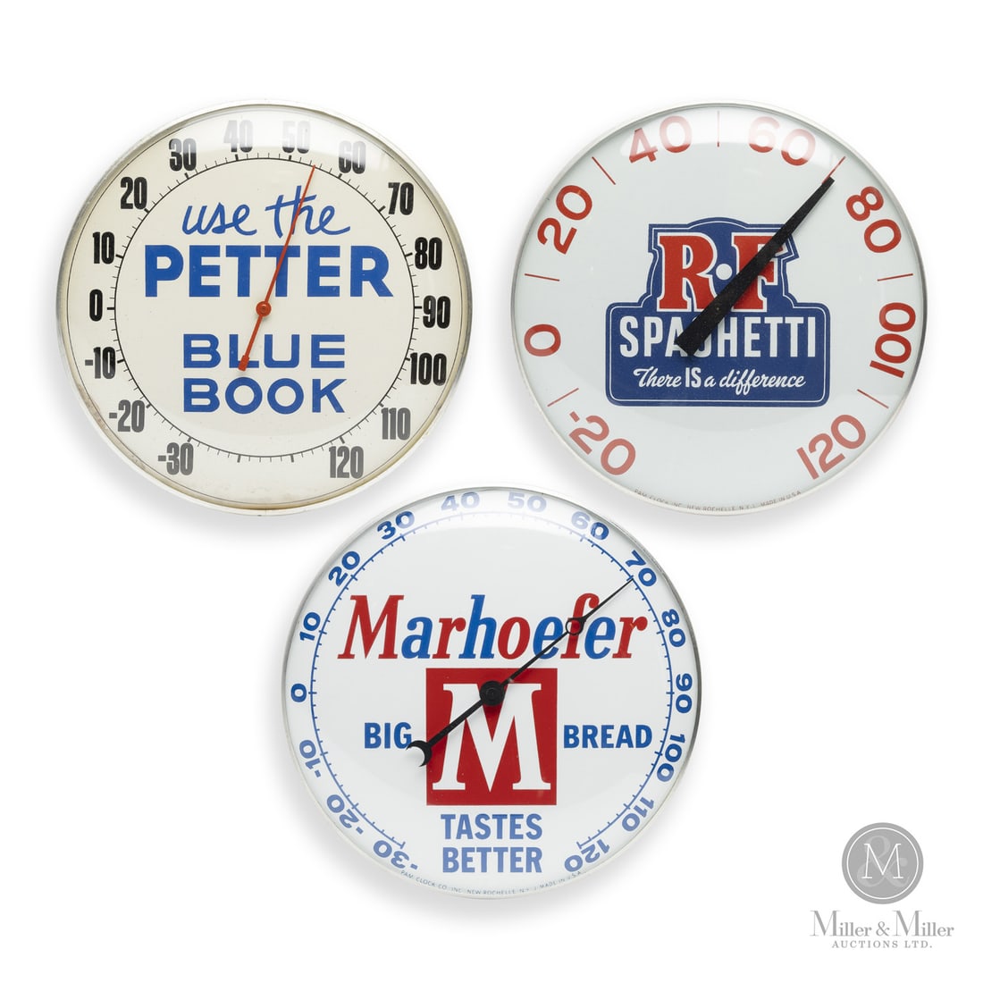 Marhoefer Bread, R.F Spaghetti, and Petter Blue Book Thermometers: American. 1960s. Reverse painted glass. Aluminum body. Two dials marked, "Pam clock co inc. New Rochelle NY Made in USA", lower edge. All items are guaranteed authentic by Miller & Miller Auctions. Si