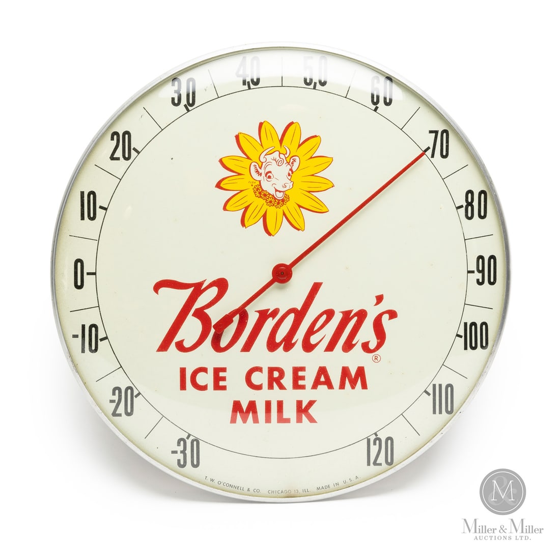Borden's Ice Cream & Milk Thermometer: American. 1950s. Lithographed tin dial thermometer. Original glass crystal. Aluminum frame. Marked, “T.W O’Connell & Co. Chicago 13, Ill Made in USA”, lower edge. All items are