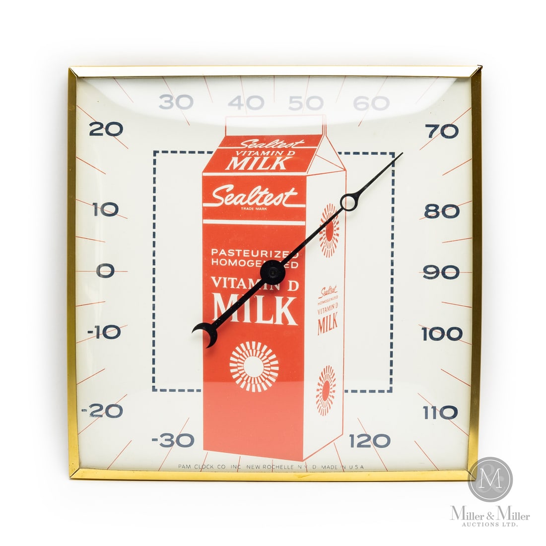 Sealtest Vitamin D Milk Thermometer: American. 1960s. Reverse painted glass. Aluminum body. Dial marked, "Pam clock co inc. New Rochelle NY D USA", lower edge. All items are guaranteed authentic by Miller & Miller Auctions.Size12.25" x