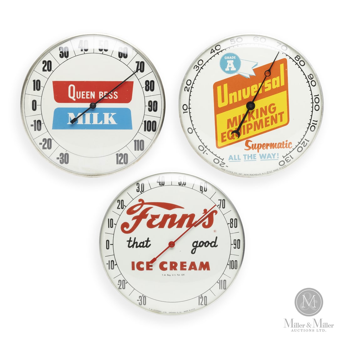 Queen Bess Milk, Universal Milking Equipment, and Fenn's Ice Cream Thermometers: American. 1950s and 1960s. Lithographed tin dial thermometer. Original glass crystal. Aluminum frame. Dial marked, "T.W O'Connell & co. Chicago 13 Ill. Made in USA", lower edge. Universal marked,