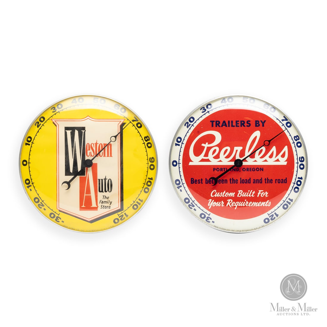 Western Auto and Peerless Trailers Thermometers: American. 1950s. Reverse painted glass. Aluminum body. Dial marked, "Pam clock co inc. New Rochelle NY USA ©57", lower edge. All items are guaranteed authentic by Miller & Miller