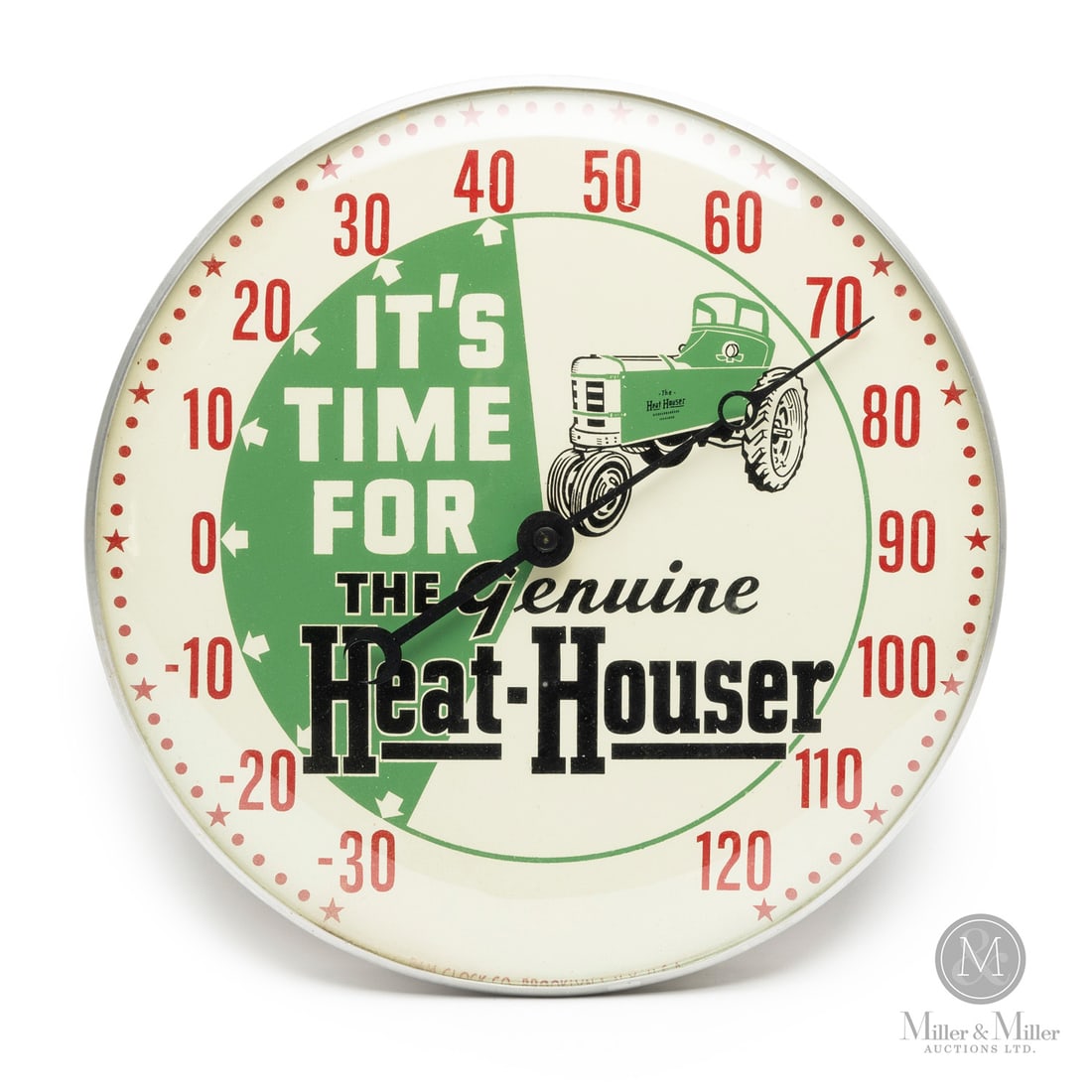 Heat-Houser Tractor Heaters Thermometer: American. 1960s. Lithographed tin dial thermometer. Original glass crystal. Aluminum frame. Dial marked, "Pam clock co inc. Brooklyn NY, USA", lower edge. All items are guaranteed authentic by Miller