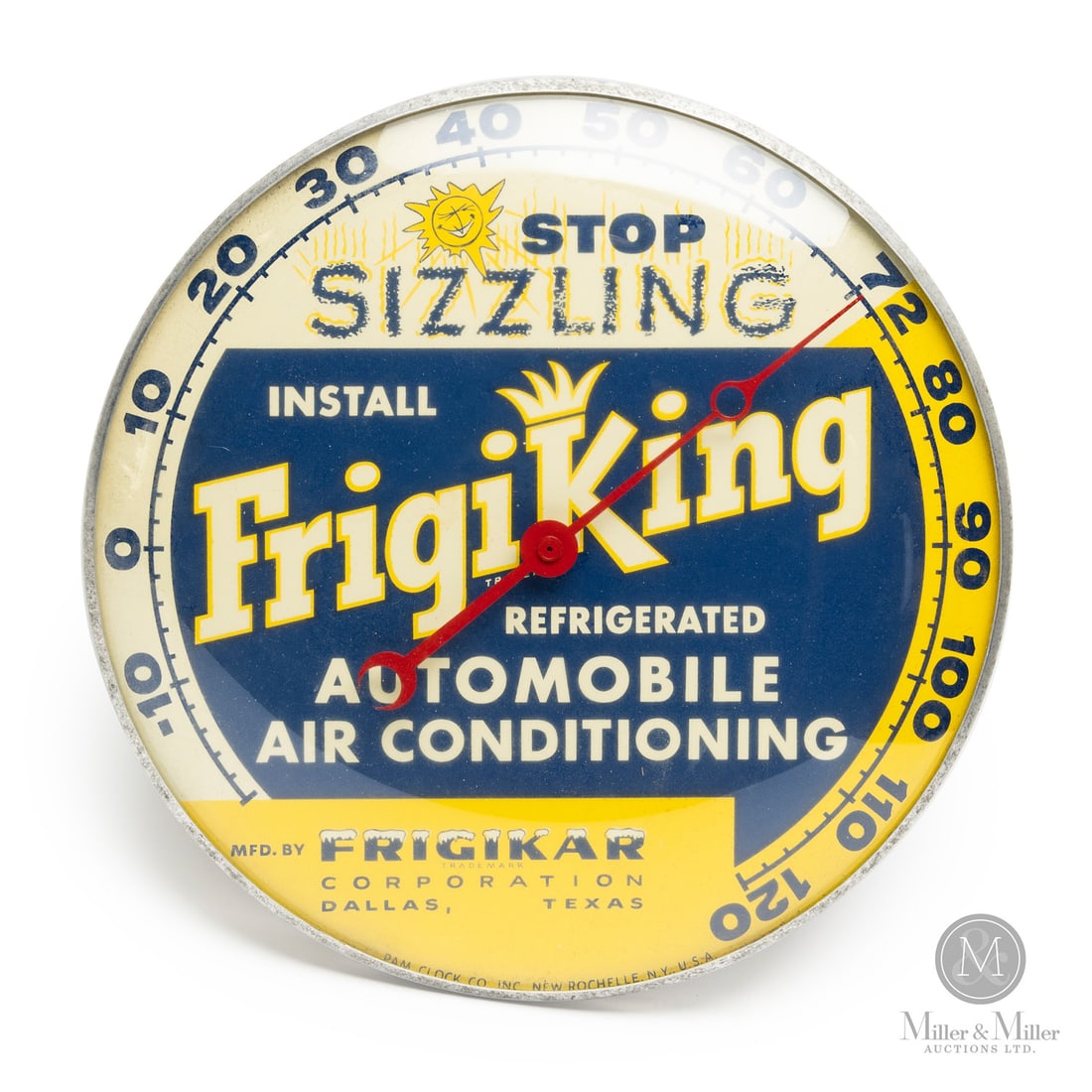 FrigiKing Automobile Air Conditioning Thermometer: American. 1960s. Lithographed tin dial thermometer. Original glass crystal. Aluminum frame. Dial marked, "Pam clock co inc. New Rochelle NY USA", lower edge. All items are guaranteed authentic by