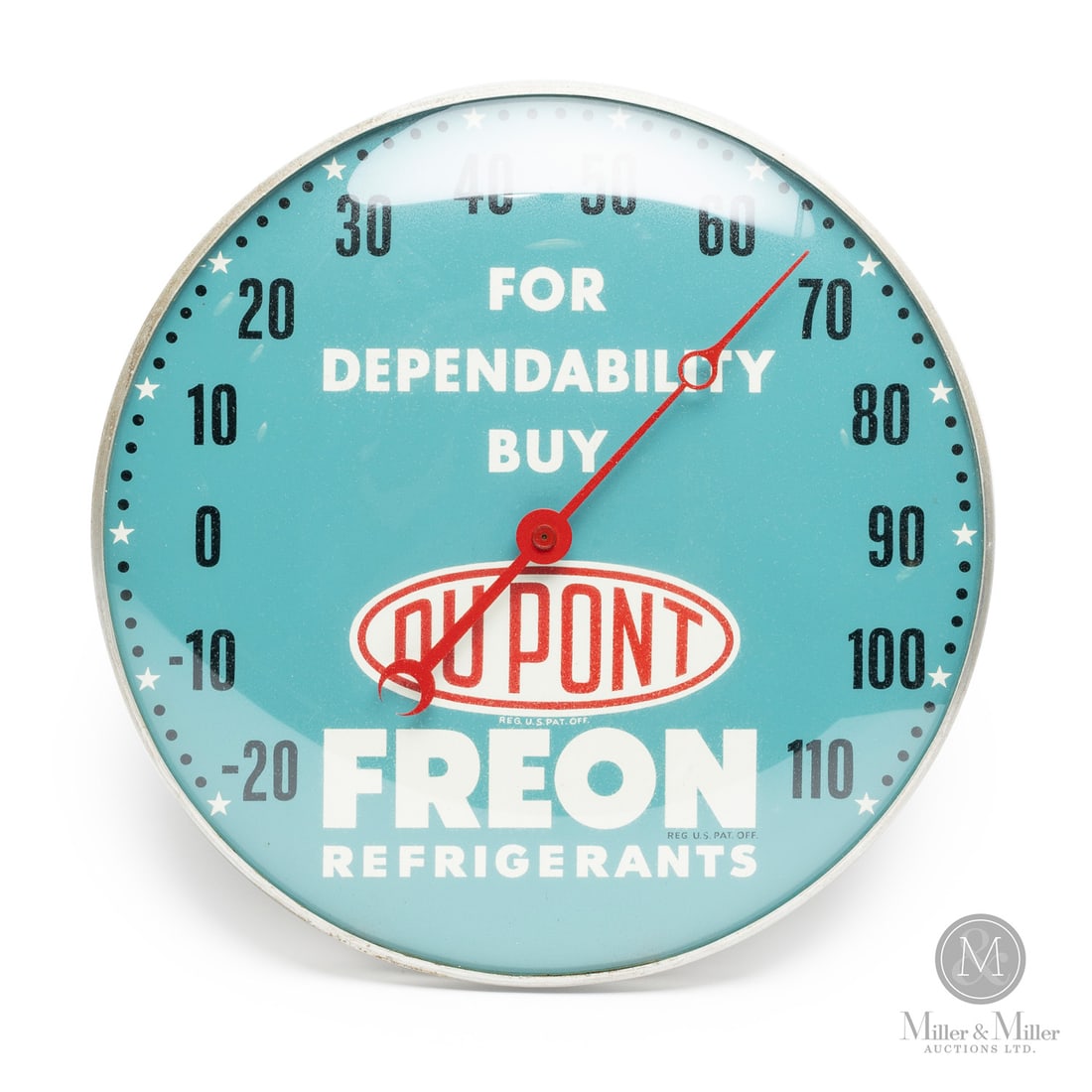 Dupont Freon Refrigerants Thermometer: American. 1950s. Lithographed tin dial thermometer. Original glass crystal. Aluminum frame. All items are guaranteed authentic by Miller & Miller Auctions.Size12" Dia. x 1.25".ConditionVery good
